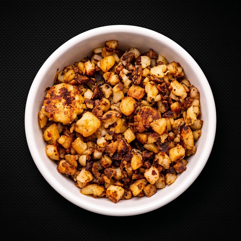 A white bowl filled with golden-brown, seasoned home fries on a dark textured background.