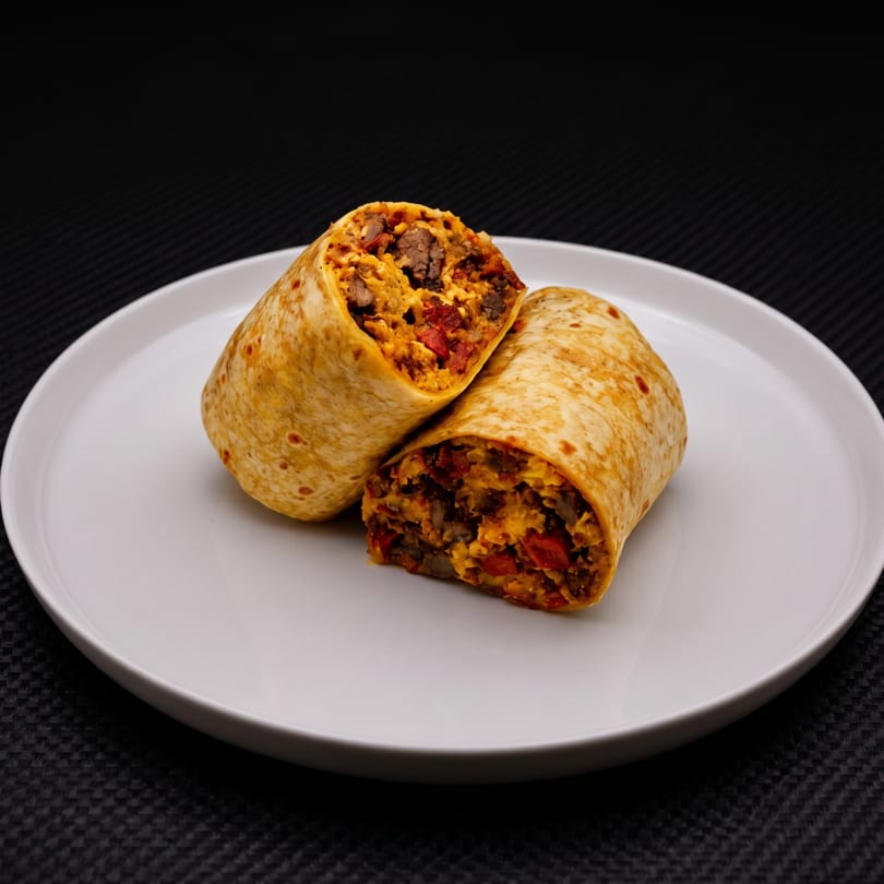 A large burrito, cut in half to reveal a hearty filling of meat, eggs, and vegetables, on a white plate.